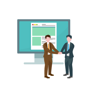 パソコンの前で握手する人のイラスト