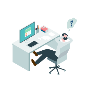 パソコンの前で悩む女性のイラスト